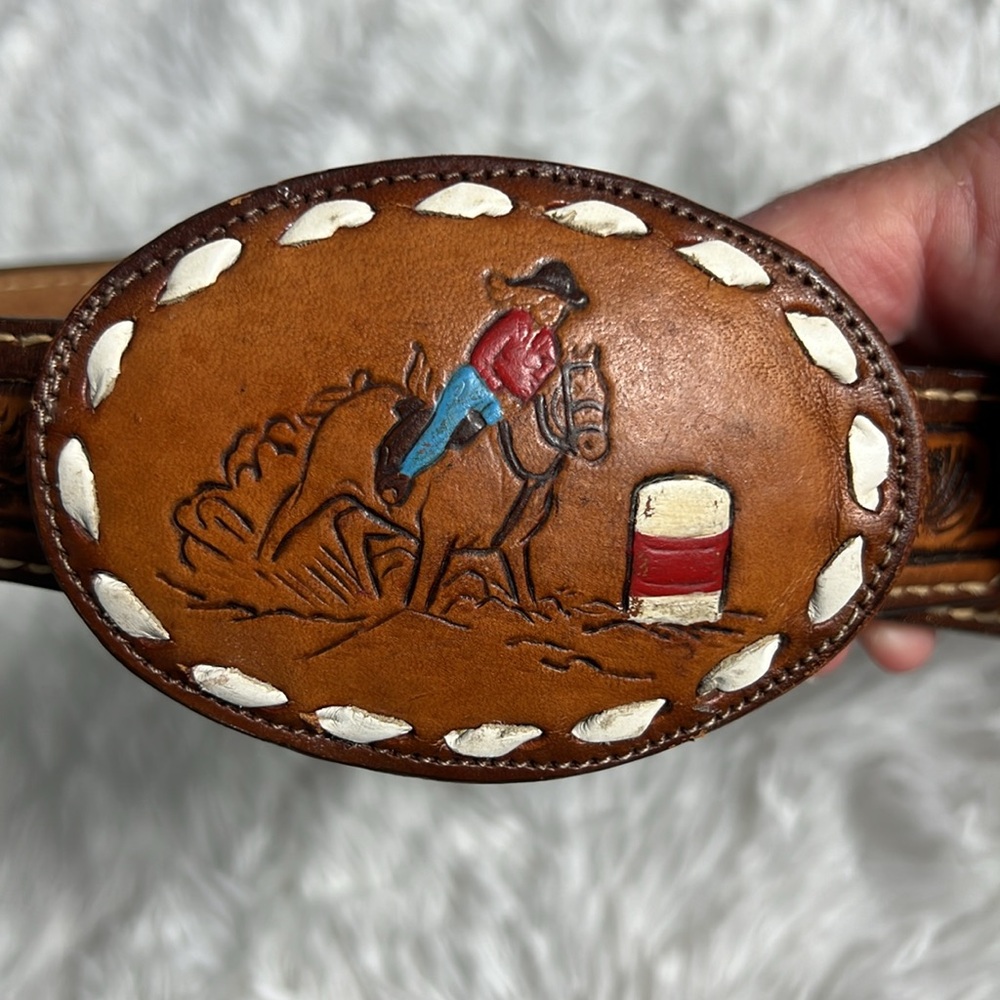 Comanchero Tooled Leather Western Cowgirl Girls Belt  Barrel Racing Buckle 24 - Picture 3 of 9
